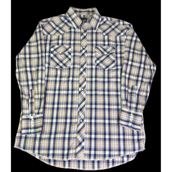 Wrangler Other - Wrangler Single Needle Mens Blue Plaid Pearl Snap Long Tail‎ Size XL